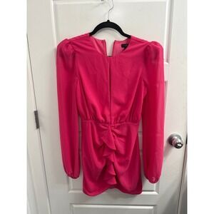 NBD Hot Pink Keyhole Ruched Mini Dress Long Sheer Sleeve XS Cocktail Party